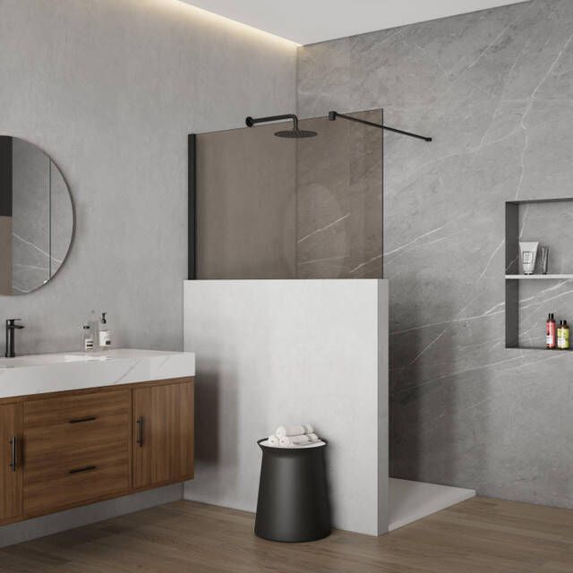 Fortifura Galeria Halfhoge Inloopdouche 140x80cm rookglas 8mm nano met profiel en stabilisatiestang Mat Zwart SW797905 SW1235447