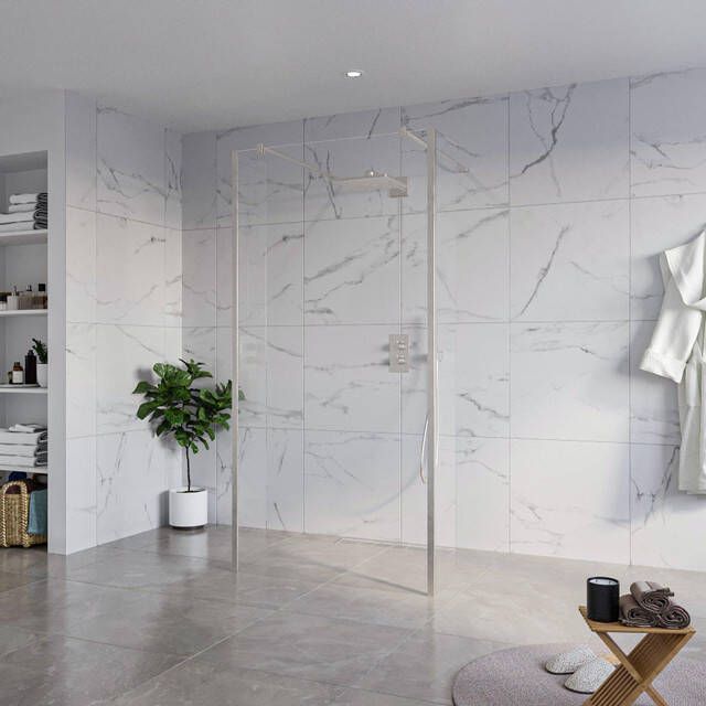 Fortifura Galeria Vrijstaande Inloopdouche 100x200cm Helder antikalk 8mm veiligheidsglas 2 zijwanden 30cm wandsteunen en hoekprofielen Geborsteld RVS PVD (RVS) SW927769 2x SW797915 SW797909 2x SW798730 2x