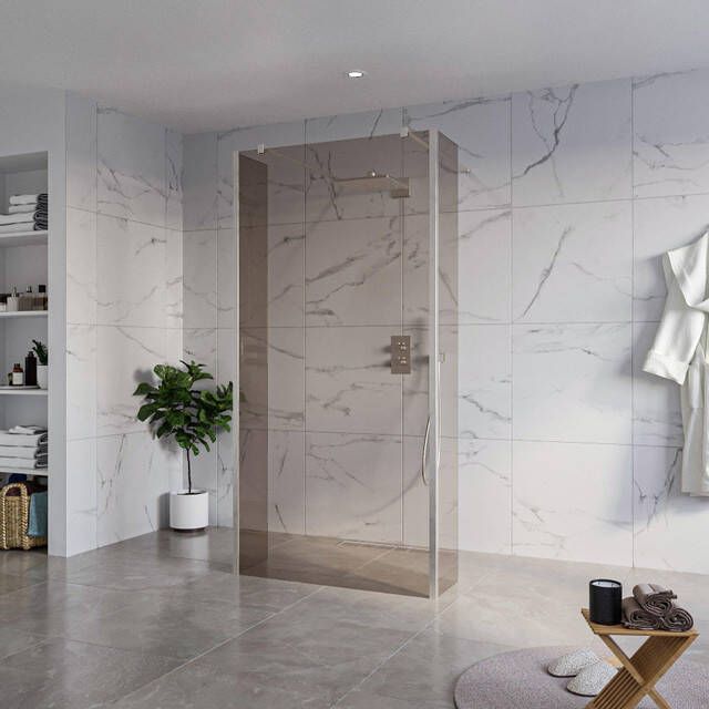 Fortifura Galeria Vrijstaande Inloopdouche 100x200cm Rookglas antikalk 8mm veiligheidsglas 2 zijwanden 40cm wandsteunen en hoekprofielen Geborsteld RVS PVD (RVS) SW927769 2x SW797940 SW797934 2x SW798730 2x