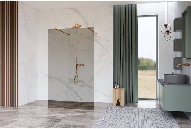 Fortifura Galeria Vrijstaande Inloopdouche 100x200cm Rookglas antikalk 8mm veiligheidsglas wandsteunen Geborsteld koper PVD (Koper) SW927772 2x SW797940