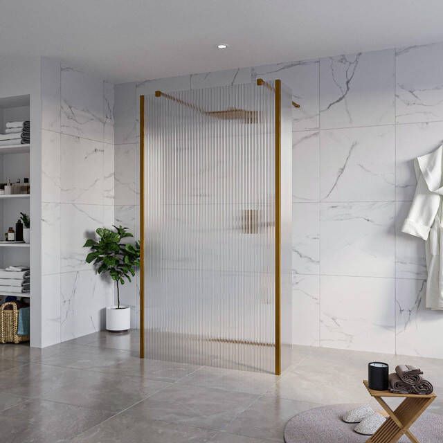 Fortifura Galeria Vrijstaande Inloopdouche 110x200cm Helder geribbeld antikalk 8mm veiligheidsglas 2 zijwanden 40cm wandsteunen en hoekprofielen Geborsteld koper PVD (Koper) SW927772 2x SW915253 SW797948 2x SW876703 2x