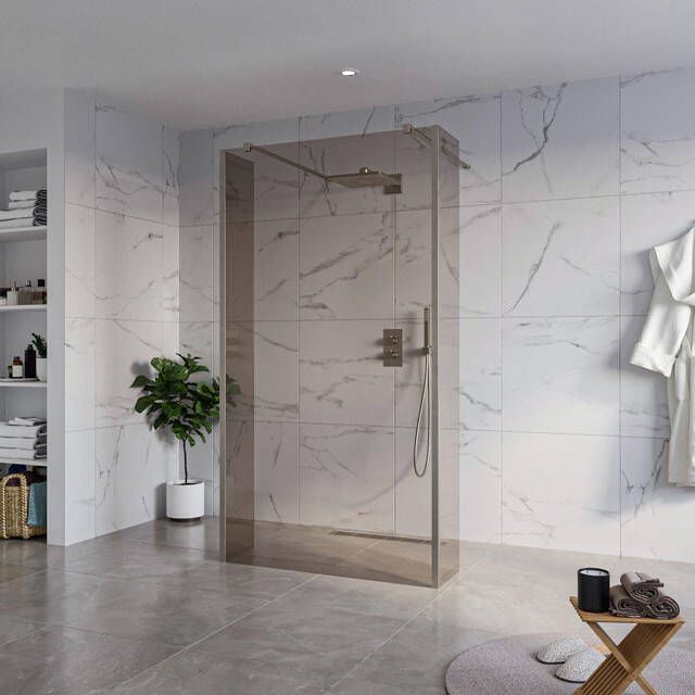 Fortifura Galeria Vrijstaande Inloopdouche 110x200cm Rookglas antikalk 8mm veiligheidsglas 2 zijwanden 40cm wandsteunen en hoekprofielen Geborsteld Gunmetal PVD SW927771 2x SW915252 SW797934 2x SW798732 2x