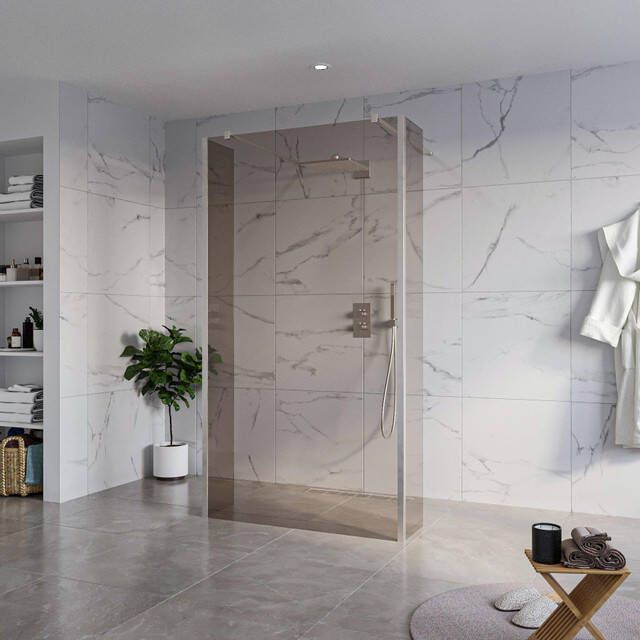 Fortifura Galeria Vrijstaande Inloopdouche 110x200cm Rookglas antikalk 8mm veiligheidsglas 2 zijwanden 40cm wandsteunen en hoekprofielen Geborsteld RVS PVD (RVS) SW927769 2x SW915252 SW797934 2x SW798730 2x