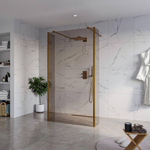 Fortifura Galeria Vrijstaande Inloopdouche 110x200cm Rookglas antikalk 8mm veiligheidsglas 2 zijwanden 30cm wandsteunen en hoekprofielen Geborsteld koper PVD (Koper) SW927772 2x SW915252 SW797930 2x SW876703 2x