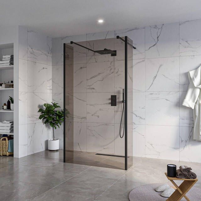 Fortifura Galeria Vrijstaande Inloopdouche 110x200cm Rookglas antikalk 8mm veiligheidsglas 2 zijwanden 40cm wandsteunen en hoekprofielen Zwart mat SW927767 2x SW915252 SW797934 2x SW358025 2x