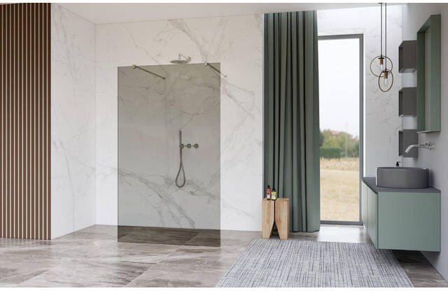 Fortifura Galeria Vrijstaande Inloopdouche 110x200cm Rookglas antikalk 8mm veiligheidsglas wandsteunen Chroom SW927766 2x SW915252