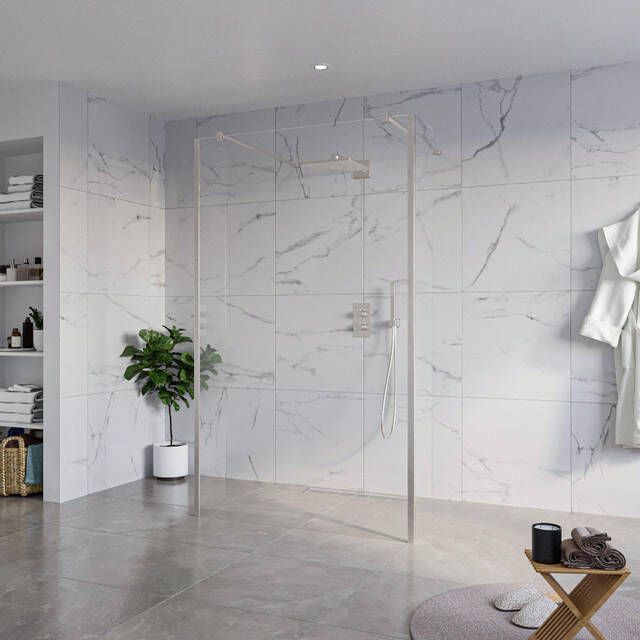 Fortifura Galeria Vrijstaande Inloopdouche 120x200cm Helder antikalk 8mm veiligheidsglas 2 zijwanden 40cm wandsteunen en hoekprofielen Geborsteld RVS PVD (RVS) SW927769 2x SW797917 SW797911 2x SW798730 2x