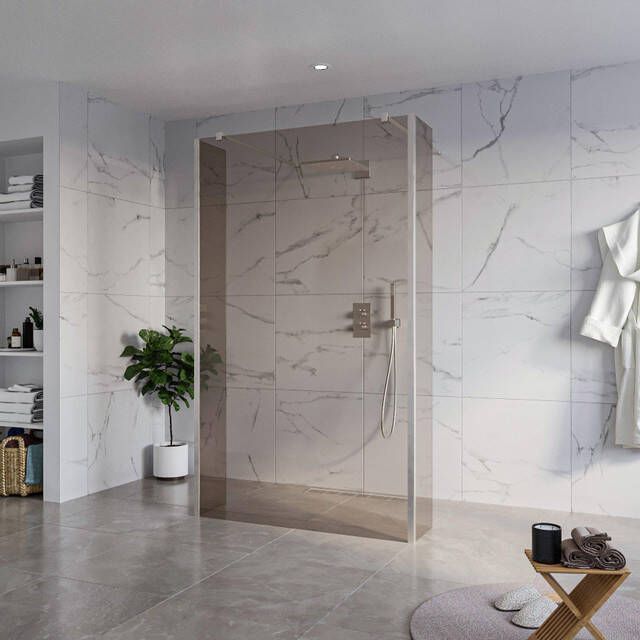 Fortifura Galeria Vrijstaande Inloopdouche 120x200cm Rookglas antikalk 8mm veiligheidsglas 2 zijwanden 40cm wandsteunen en hoekprofielen Geborsteld RVS PVD (RVS) SW927769 2x SW797944 SW797934 2x SW798730 2x