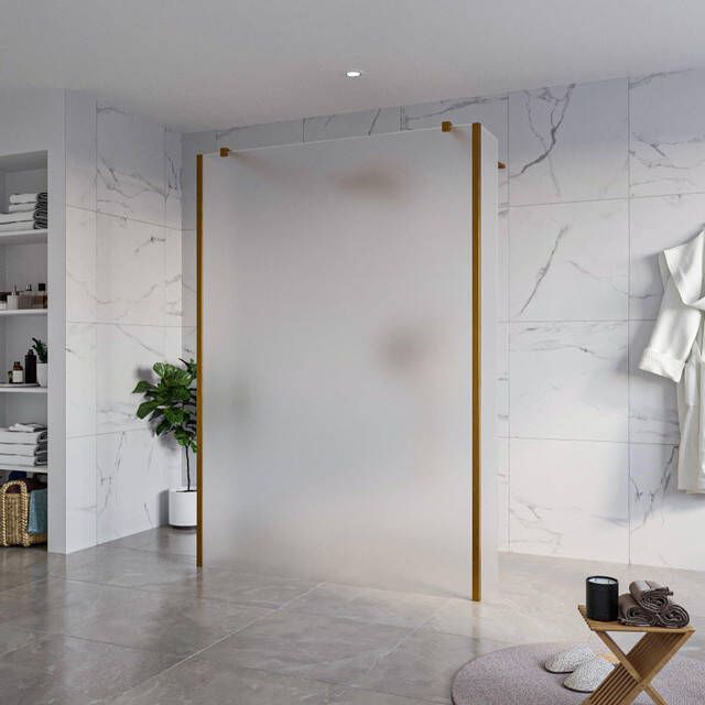 Fortifura Galeria Vrijstaande Inloopdouche 140x200cm Glas mat antikalk 8mm veiligheidsglas 2 zijwanden 40cm wandsteunen en hoekprofielen Geborsteld koper PVD (Koper) SW927772 2x SW797937 SW797921 2x SW876703 2x