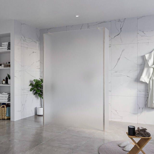 Fortifura Galeria Vrijstaande Inloopdouche 140x200cm Glas mat antikalk 8mm veiligheidsglas 2 zijwanden 30cm wandsteunen en hoekprofielen Geborsteld RVS PVD (RVS) SW927769 2x SW797937 SW797931 2x SW798730 2x