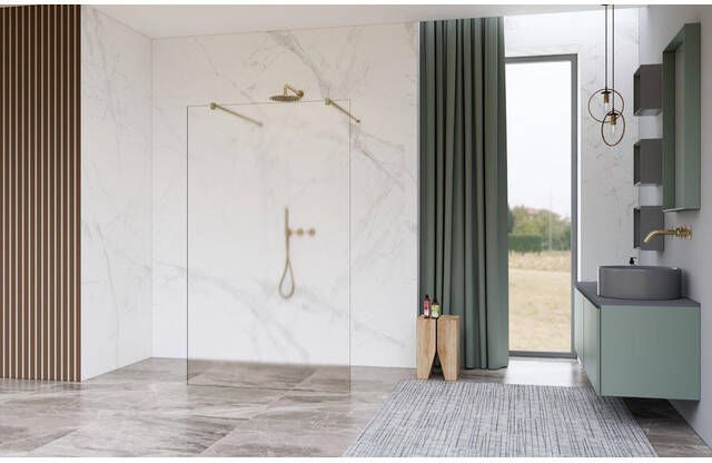 Fortifura Galeria Vrijstaande Inloopdouche 140x200cm Glas mat antikalk 8mm veiligheidsglas wandsteunen Geborsteld Messing PVD (Goud) SW927770 2x SW797937