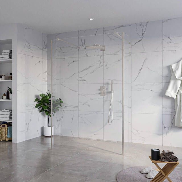 Fortifura Galeria Vrijstaande Inloopdouche 140x200cm Helder antikalk 8mm veiligheidsglas 2 zijwanden 40cm wandsteunen en hoekprofielen Geborsteld RVS PVD (RVS) SW927769 2x SW797916 SW797911 2x SW798730 2x
