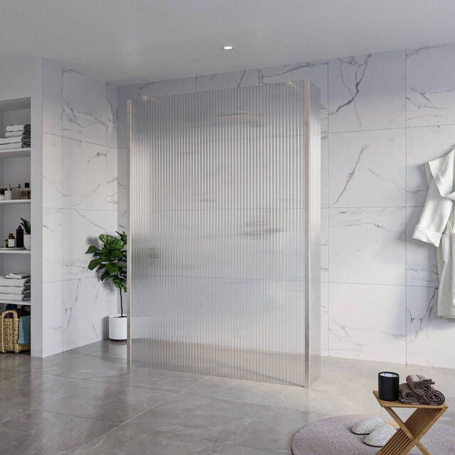 Fortifura Galeria Vrijstaande Inloopdouche 140x200cm Helder geribbeld antikalk 8mm veiligheidsglas 2 zijwanden 30cm wandsteunen en hoekprofielen Geborsteld RVS PVD (RVS) SW927769 2x SW797954 SW797945 2x SW798730 2x
