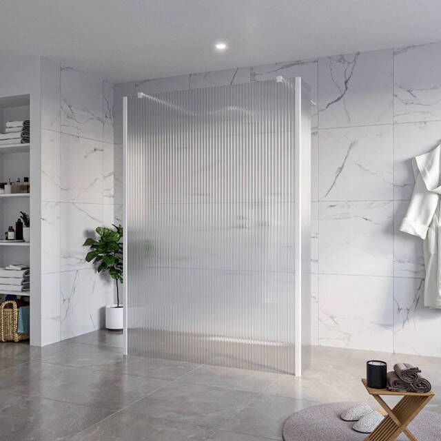 Fortifura Galeria Vrijstaande Inloopdouche 140x200cm Helder geribbeld antikalk 8mm veiligheidsglas 2 zijwanden 30cm wandsteunen en hoekprofielen Wit mat SW927768 2x SW797954 SW797945 2x SW541264 2x