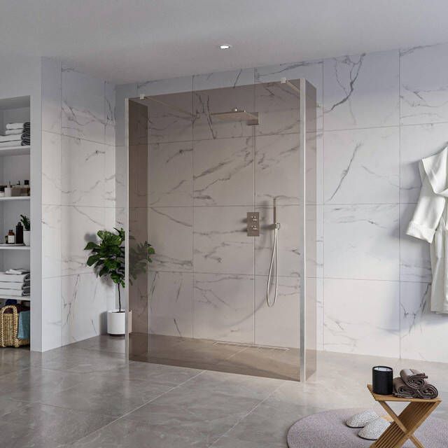 Fortifura Galeria Vrijstaande Inloopdouche 140x200cm Rookglas antikalk 8mm veiligheidsglas 2 zijwanden 30cm wandsteunen en hoekprofielen Geborsteld RVS PVD (RVS) SW927769 2x SW797946 SW797930 2x SW798730 2x
