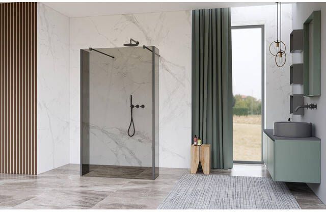 Fortifura Galeria Vrijstaande Inloopdouche 140x200cm Rookglas antikalk 8mm veiligheidsglas wandsteunen Geborsteld Gunmetal PVD SW927771 2x SW797946