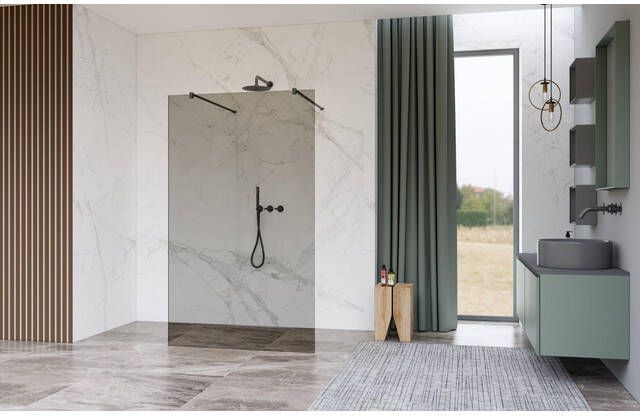 Fortifura Galeria Vrijstaande Inloopdouche 140x200cm Rookglas antikalk 8mm veiligheidsglas wandsteunen Geborsteld Gunmetal PVD SW927771 2x SW797946