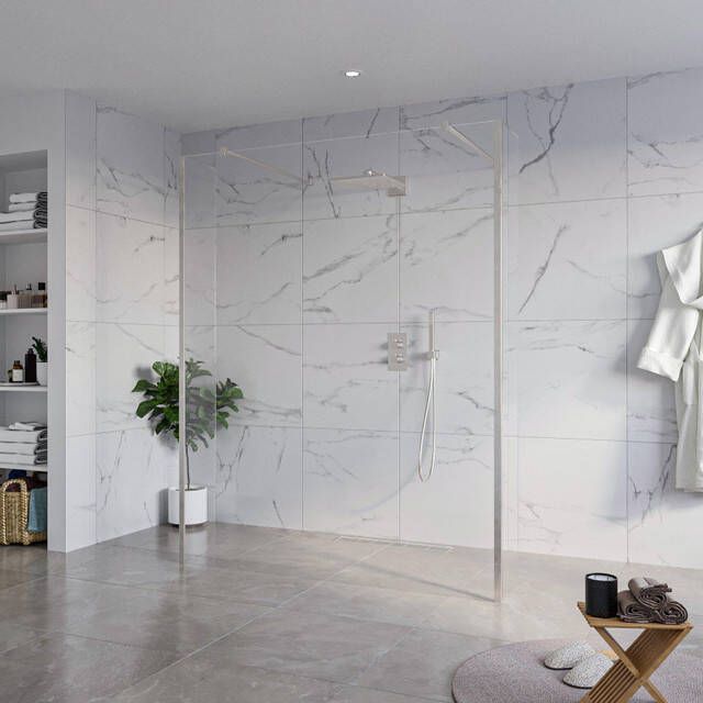 Fortifura Galeria Vrijstaande Inloopdouche 160x200cm Helder antikalk 8mm veiligheidsglas 2 zijwanden 30cm wandsteunen en hoekprofielen Geborsteld RVS PVD (RVS) SW927769 2x SW797918 SW797909 2x SW798730 2x