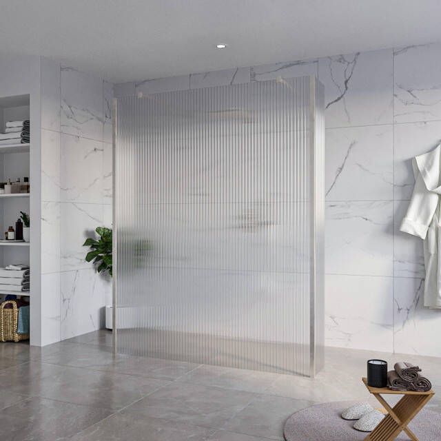 Fortifura Galeria Vrijstaande Inloopdouche 160x200cm Helder geribbeld antikalk 8mm veiligheidsglas 2 zijwanden 40cm wandsteunen en hoekprofielen Geborsteld RVS PVD (RVS) SW927769 2x SW797956 SW797948 2x SW798730 2x