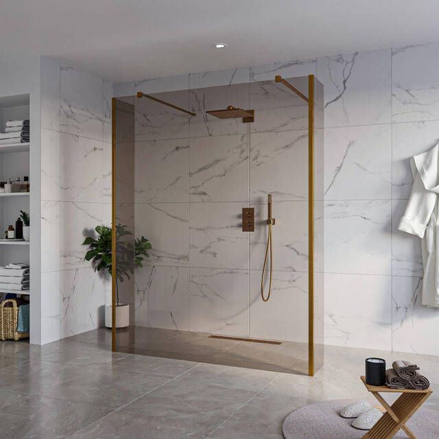 Fortifura Galeria Vrijstaande Inloopdouche 160x200cm Rookglas antikalk 8mm veiligheidsglas 2 zijwanden 30cm wandsteunen en hoekprofielen Geborsteld koper PVD (Koper) SW927772 2x SW797942 SW797930 2x SW876703 2x