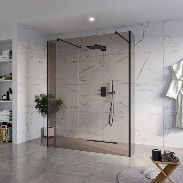 Fortifura Galeria Vrijstaande Inloopdouche 160x200cm Rookglas antikalk 8mm veiligheidsglas 2 zijwanden 40cm wandsteunen en hoekprofielen Zwart mat SW927767 2x SW797942 SW797934 2x SW358025 2x