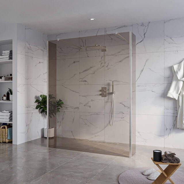 Fortifura Galeria Vrijstaande Inloopdouche 160x200cm Rookglas antikalk 8mm veiligheidsglas 2 zijwanden 30cm wandsteunen en hoekprofielen Geborsteld RVS PVD (RVS) SW927769 2x SW797942 SW797930 2x SW798730 2x