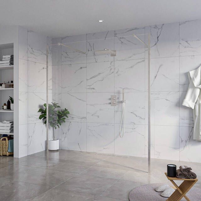 Fortifura Galeria Vrijstaande Inloopdouche 180x200cm Helder antikalk 8mm veiligheidsglas 2 zijwanden 30cm wandsteunen en hoekprofielen Geborsteld RVS PVD (RVS) SW927769 2x SW797920 SW797909 2x SW798730 2x