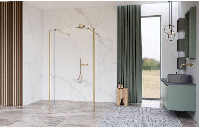 Fortifura Galeria Vrijstaande Inloopdouche 180x200cm Helder antikalk 8mm veiligheidsglas wandsteunen Geborsteld Messing PVD (Goud) SW927770 2x SW797920