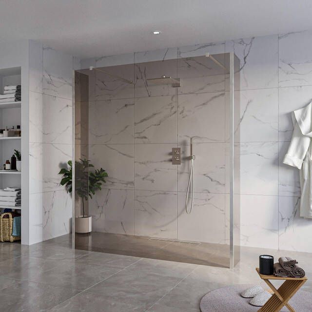 Fortifura Galeria Vrijstaande Inloopdouche 180x200cm Rookglas antikalk 8mm veiligheidsglas 2 zijwanden 30cm wandsteunen en hoekprofielen Geborsteld RVS PVD (RVS) SW927769 2x SW797943 SW797930 2x SW798730 2x