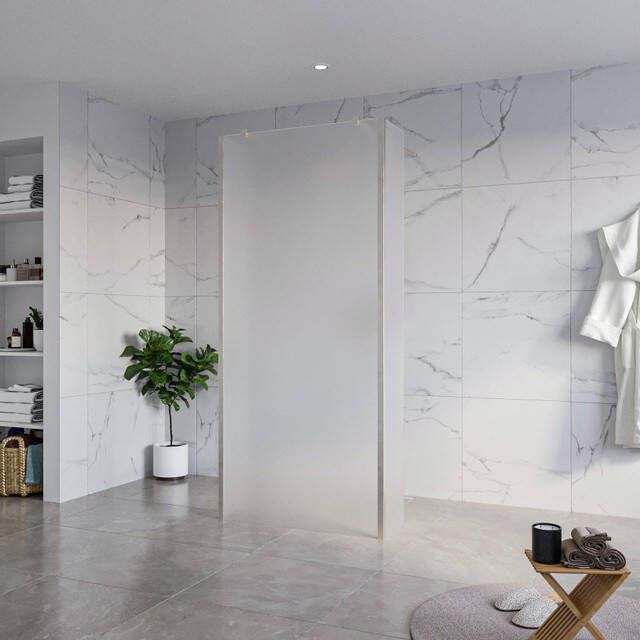Fortifura Galeria Vrijstaande Inloopdouche 90x200cm Glas mat antikalk 8mm veiligheidsglas 2 zijwanden 30cm wandsteunen en hoekprofielen Geborsteld RVS PVD (RVS) SW927769 2x SW797929 SW797931 2x SW798730 2x