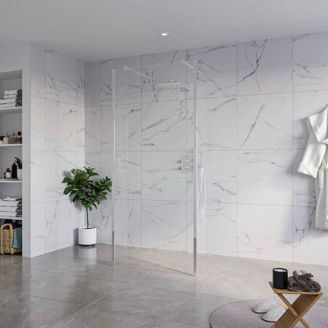 Fortifura Galeria Vrijstaande Inloopdouche 90x200cm Helder antikalk 8mm veiligheidsglas 2 zijwanden 40cm wandsteunen en hoekprofielen Chroom SW927766 2x SW797926 SW797911 2x SW358024 2x