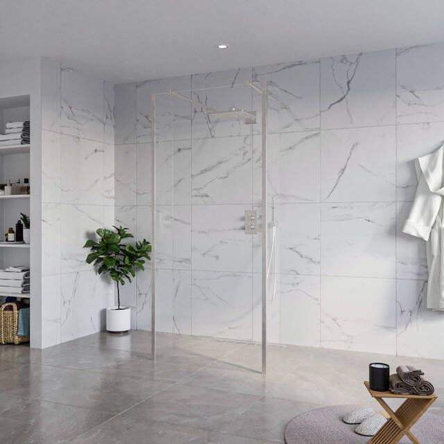 Fortifura Galeria Vrijstaande Inloopdouche 90x200cm Helder antikalk 8mm veiligheidsglas 2 zijwanden 40cm wandsteunen en hoekprofielen Geborsteld RVS PVD (RVS) SW927769 2x SW797926 SW797911 2x SW798730 2x