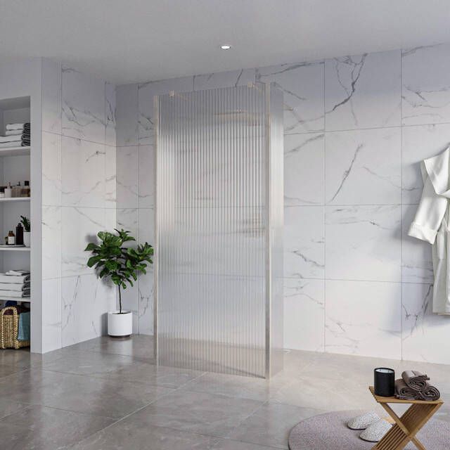 Fortifura Galeria Vrijstaande Inloopdouche 90x200cm Helder geribbeld antikalk 8mm veiligheidsglas 2 zijwanden 30cm wandsteunen en hoekprofielen Geborsteld RVS PVD (RVS) SW927769 2x SW797951 SW797945 2x SW798730 2x