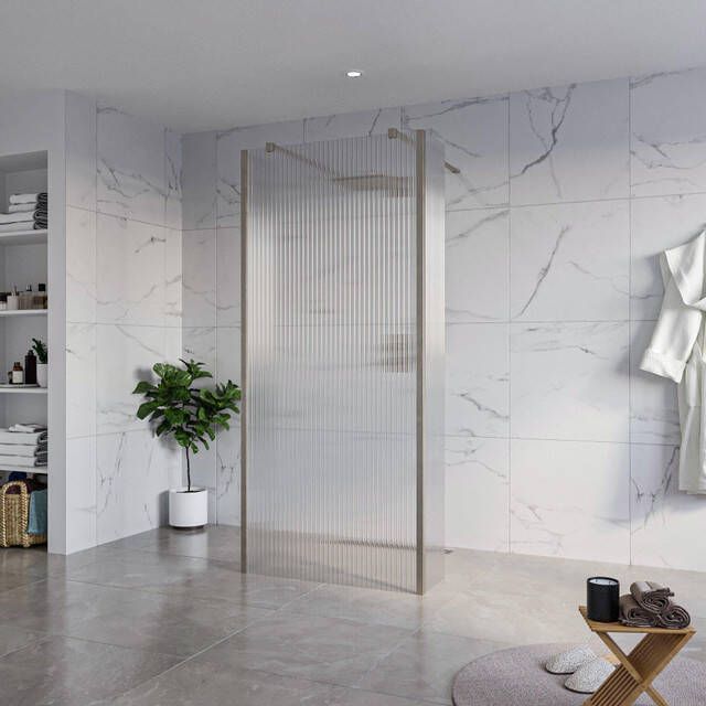 Fortifura Galeria Vrijstaande Inloopdouche 90x200cm Helder geribbeld antikalk 8mm veiligheidsglas 2 zijwanden 30cm wandsteunen en hoekprofielen Geborsteld Gunmetal PVD SW927771 2x SW797951 SW797945 2x SW798732 2x
