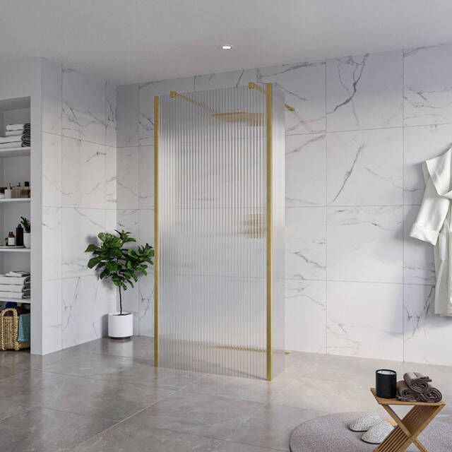 Fortifura Galeria Vrijstaande Inloopdouche 90x200cm Helder geribbeld antikalk 8mm veiligheidsglas 2 zijwanden 40cm wandsteunen en hoekprofielen Geborsteld Messing PVD (Goud) SW927770 2x SW797951 SW797948 2x SW798731 2x