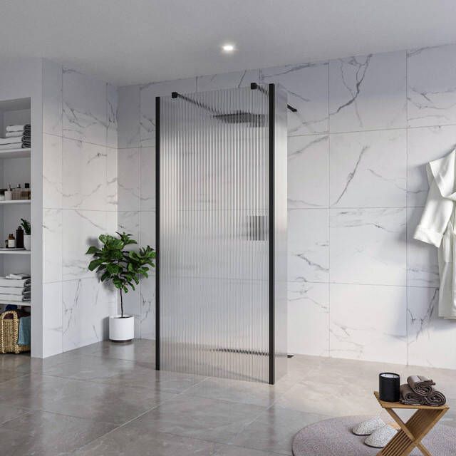Fortifura Galeria Vrijstaande Inloopdouche 90x200cm Helder geribbeld antikalk 8mm veiligheidsglas 2 zijwanden 40cm wandsteunen en hoekprofielen Zwart mat SW927767 2x SW797951 SW797948 2x SW358025 2x