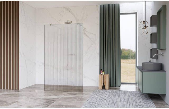 Fortifura Galeria Vrijstaande Inloopdouche 90x200cm Helder geribbeld antikalk 8mm veiligheidsglas wandsteunen Geborsteld RVS PVD (RVS) SW927769 2x SW797951