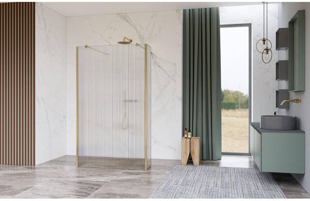 Fortifura Galeria Vrijstaande Inloopdouche 90x200cm Helder geribbeld antikalk 8mm veiligheidsglas wandsteunen Geborsteld Messing PVD (Goud) SW927770 2x SW797951