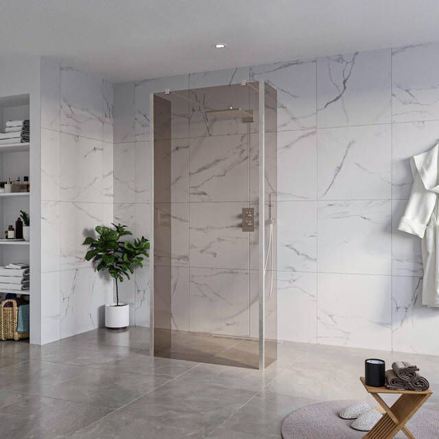 Fortifura Galeria Vrijstaande Inloopdouche 90x200cm Rookglas antikalk 8mm veiligheidsglas 2 zijwanden 40cm wandsteunen en hoekprofielen Geborsteld RVS PVD (RVS) SW927769 2x SW797938 SW797934 2x SW798730 2x