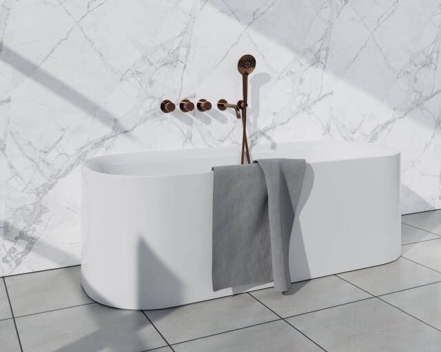 Fortifura Nebbio Badcombinatie-set thermostaatkraan inbouwdeel 2x uitbreiding inbouwdeel wandaansluitbocht metalen doucheslang ronde handdouche uitloop geborsteld koper SW1183069 2x SW1183076 2x SW1183082 SW970045 SW970