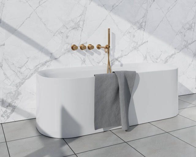 Fortifura Nebbio Badcombinatie-set thermostaatkraan inbouwdeel 2x uitbreiding inbouwdeel wandaansluitbocht metalen doucheslang staaf handdouche uitloop geborsteld messing PVD (goud) SW1183067 2x SW1183076 2x SW1183080 SW720569 SW706