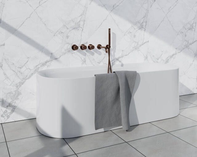 Fortifura Nebbio Badcombinatie-set thermostaatkraan inbouwdeel 2x uitbreiding inbouwdeel wandaansluitbocht metalen doucheslang staaf handdouche uitloop geborsteld koper PVD (koper) SW1183069 2x SW1183076 2x SW1183082 SW970045 SW970