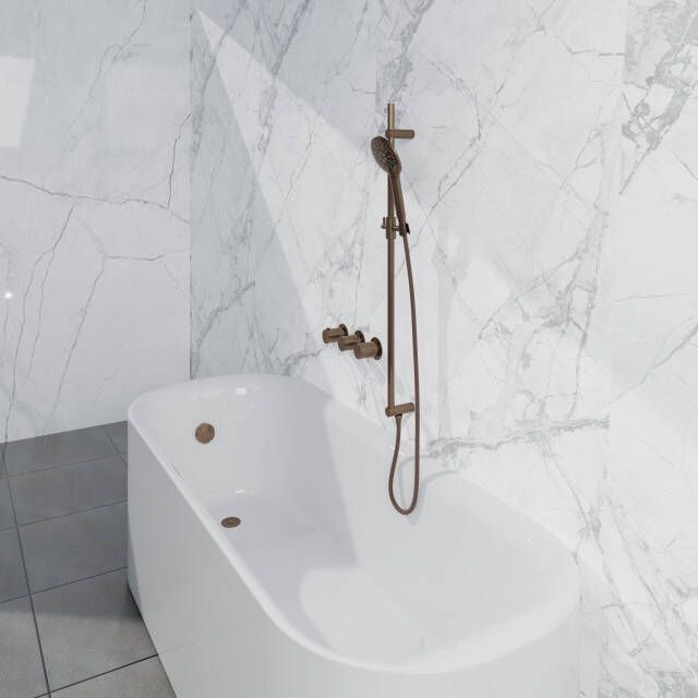 Fortifura Nebbio Badcombinatie-set thermostaatkraan inbouwdeel glijstang gladde doucheslang ronde handdouche badafvoer opbouw geborsteld koper PVD (koper) SW1183069 SW1111533 SW799407 SW970047 SW1108811 SW