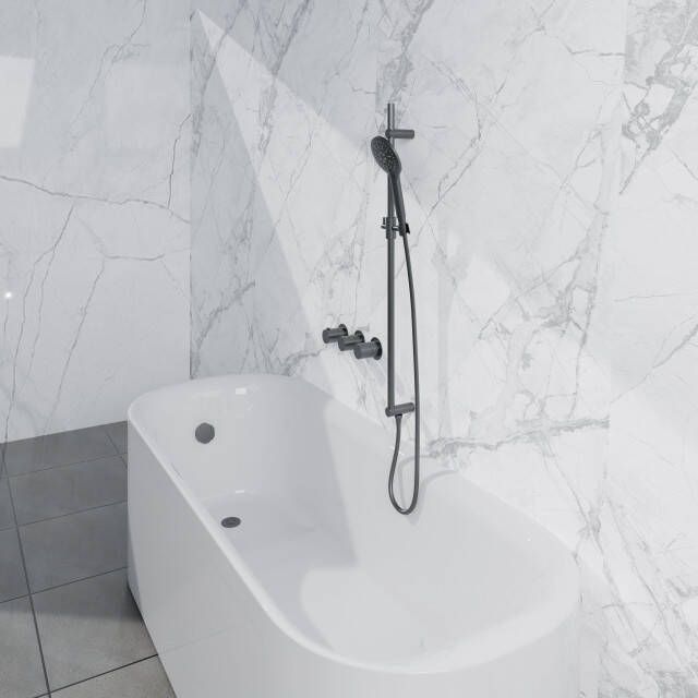 Fortifura Nebbio Badcombinatie-set thermostaatkraan inbouwdeel glijstang metalen doucheslang ronde handdouche badafvoer opbouw geborsteld gunmetal PVD SW1183068 SW1111532 SW706207 SW799451 SW1108811 SW
