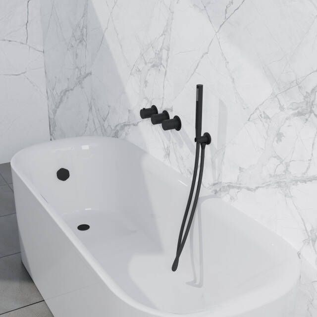 Fortifura Nebbio Badcombinatie-set thermostaatkraan inbouwdeel inbouw uitbreiding wandaansluitbocht metalen doucheslang staaf handdouche badafvoer opbouw mat zwart SW1183065 SW1183076 SW1183078 SW542644 SW706203 SW