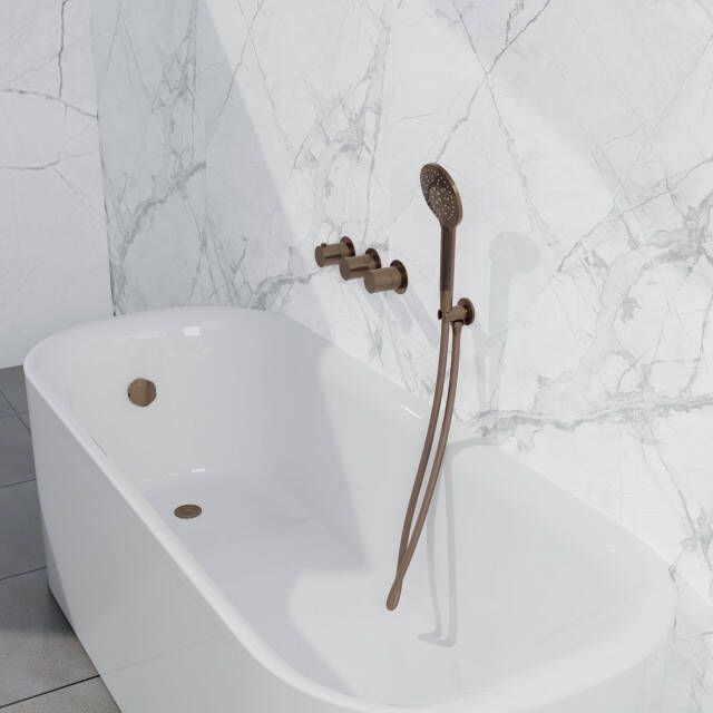 Fortifura Nebbio Badcombinatie-set thermostaatkraan inbouwdeel inbouw uitbreiding wandaansluitbocht metalen doucheslang ronde handdouche badafvoer opbouw geborsteld koper PVD (koper) SW1183069 SW1183076 SW1183082 SW970045 SW970048 SW