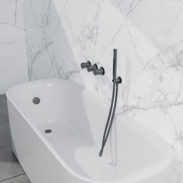 Fortifura Nebbio Badcombinatie-set thermostaatkraan inbouwdeel inbouw uitbreiding wandaansluitbocht gladde doucheslang staaf handdouche badafvoer opbouw geborsteld gunmetal PVD SW1183068 SW1183076 SW1183081 SW766536 SW721165 SW