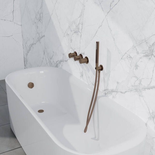 Fortifura Nebbio Badcombinatie-set thermostaatkraan inbouwdeel inbouw uitbreiding wandaansluitbocht gladde doucheslang staaf handdouche badafvoer opbouw geborsteld koper PVD (koper) SW1183069 SW1183076 SW1183082 SW970045 SW799407 SW