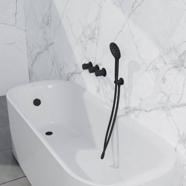 Fortifura Nebbio Badcombinatie-set thermostaatkraan inbouwdeel inbouw uitbreiding wandaansluitbocht gladde doucheslang ronde handdouche badafvoer opbouw mat zwart SW1183065 SW1183076 SW1183078 SW542644 SW706210 SW