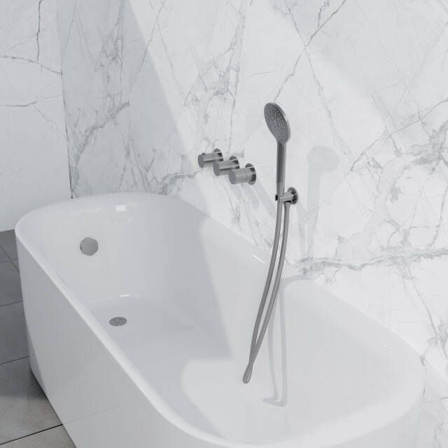 Fortifura Nebbio Badcombinatie-set thermostaatkraan inbouwdeel inbouw uitbreiding wandaansluitbocht gladde doucheslang ronde handdouche badafvoer opbouw geborsteld RVS PVD (RVS) SW1183066 SW1183076 SW1183079 SW542645 SW728177 SW